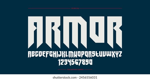 Sharp and bold gothic font for logo creation of for headlines, edgy geometric modern vector typeface, heavy metal and hard rock style alphabet with numbers.