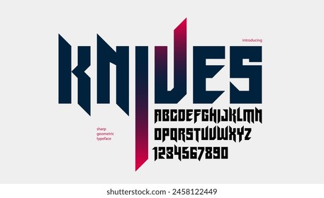 Sharp and bold gothic font for logo creation of for headlines, edgy geometric modern vector typeface, heavy metal and hard rock style alphabet with numbers.