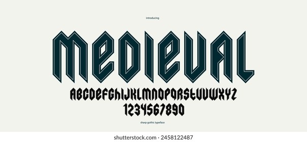 Sharp and bold gothic font for logo creation of for headlines, edgy geometric modern vector typeface, heavy metal and hard rock style alphabet with numbers.