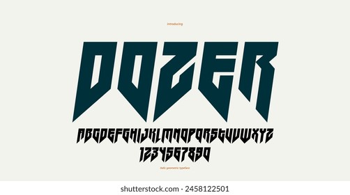 Sharp and bold gothic font for logo creation of for headlines, edgy geometric modern vector italic typeface, heavy metal and hard rock style alphabet with numbers.