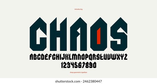 Sharp and bold gothic font for logo creation of for headlines, edgy geometric modern vector typeface, heavy metal and hard rock style alphabet with numbers.