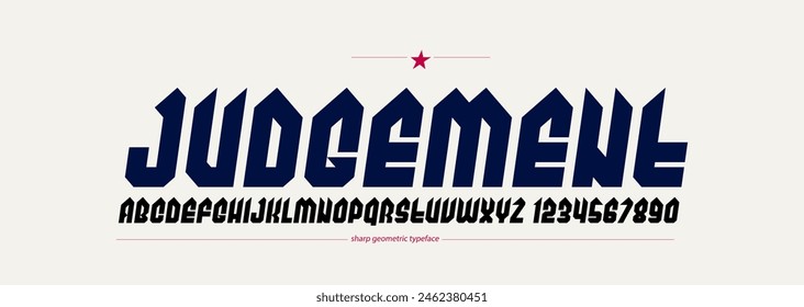 Sharp and bold gothic font for logo creation of for headlines, edgy geometric modern vector typeface, heavy metal and hard rock style alphabet with numbers, italic version.