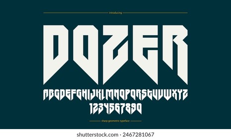 Sharp and bold gothic font for logo creation of for headlines, edgy geometric modern vector typeface, heavy metal and hard rock style alphabet with numbers.