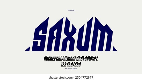 Sharp and bold gothic font for logo creation of for headlines, edgy geometric modern vector typeface, heavy metal and hard rock style alphabet with numbers, italic version.