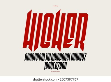 Sharp and bold gothic font for logo creation of for headlines, edgy geometric modern vector typeface, heavy metal and hard rock style alphabet with numbers, italic and tall condensed version.