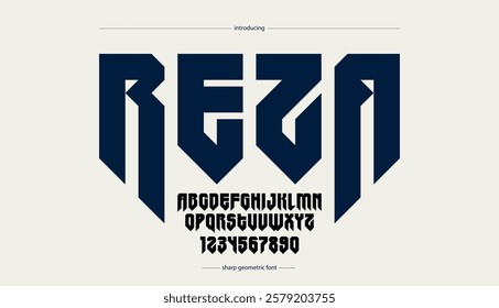 Sharp and bold gothic font for logo creation of for headlines, edgy geometric modern vector typeface, heavy metal and hard rock style alphabet with numbers.