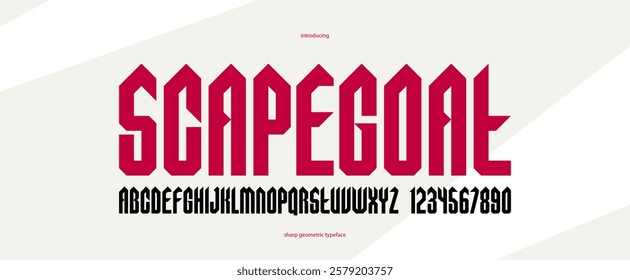 Sharp and bold gothic font for logo creation of for headlines, edgy geometric modern vector typeface, heavy metal and hard rock style alphabet with numbers.