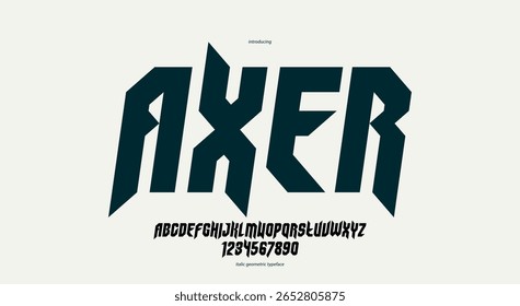 Fonte gótica nítida e arrojada para criação de logotipo para manchetes, moderno vetor moderno edgy tipo itálico, heavy metal e hard rock estilo alfabeto com números.