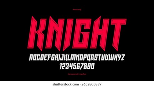 Fonte gótica nítida e arrojada para criação de logotipo para manchetes, tipo vetorial moderno geométrico ousado, heavy metal e alfabeto estilo hard rock com números, versão em itálico.