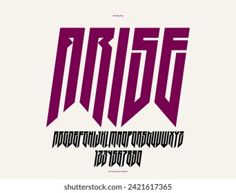 Sharp and bold italic and tall vector display font for logo, condensed gothic or heavy metal style modern typeface, edgy hard rock letters and numbers alphabet for titles or slogans.