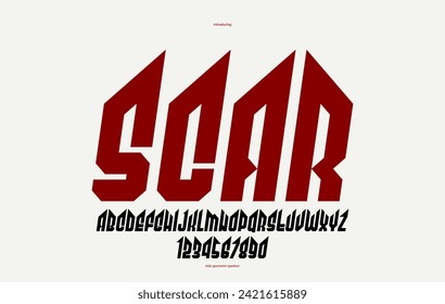 Sharp and bold italic vector display font for logo, gothic or heavy metal style modern typeface, edgy hard rock letters and numbers alphabet for titles or slogans, heavy typography.