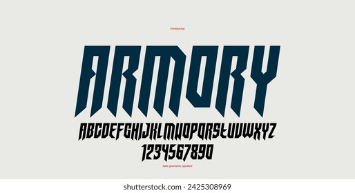 Sharp and bold italic vector display font for logo, gothic or heavy metal style modern typeface, edgy hard rock letters and numbers alphabet for titles or slogans, heavy typography.