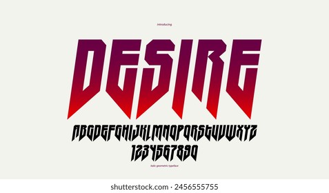 Sharp and bold italic vector display font for logo, gothic or heavy metal style modern typeface, edgy hard rock letters and numbers alphabet for titles or slogans, heavy typography.