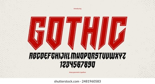 Sharp and bold italic vector display font for logo, gothic or heavy metal style modern typeface, edgy hard rock letters and numbers alphabet for titles or slogans, heavy typography.