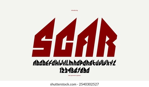 Tipografía de Vector cursiva aguda y audaz para el logotipo, estilo gótico o heavy metal, tipografía moderna, letras y números de rock duro para títulos o eslóganes, tipografía pesada.