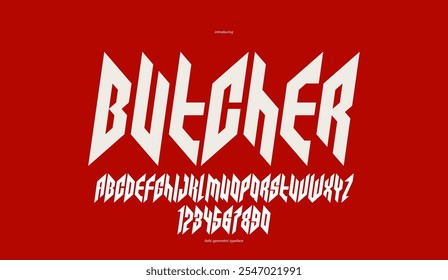 Tipografía de Vector cursiva aguda y audaz para el logotipo, estilo gótico o heavy metal, tipografía moderna, letras y números de rock duro para títulos o eslóganes, tipografía pesada.