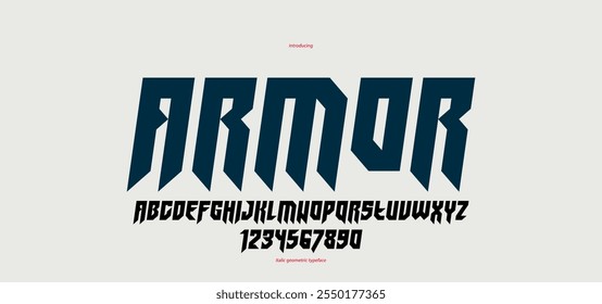 Tipografía de Vector cursiva aguda y audaz para el logotipo, estilo gótico o heavy metal, tipografía moderna, letras y números de rock duro para títulos o eslóganes, tipografía pesada.