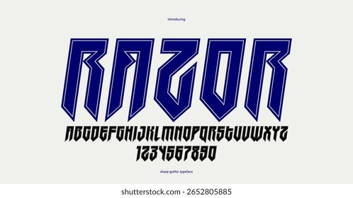 Fonte de exibição de vetor em itálico nítido e negrito para logotipo, estilo gótico ou heavy metal face moderna, letras de hard rock e alfabeto numérico para títulos ou slogans, tipografia pesada.
