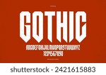 Sharp and bold tall gothic font for logo creation of for headlines, edgy geometric modern vector condensed typeface, heavy metal and hard rock style alphabet with numbers.