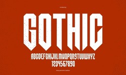 Sharp And Bold Tall Gothic Font For Logo Creation Of For Headlines, Edgy Geometric Modern Vector Condensed Typeface, Heavy Metal And Hard Rock Style Alphabet With Numbers.