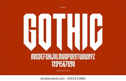 Sharp and bold tall gothic font for logo creation of for headlines, edgy geometric modern vector condensed typeface, heavy metal and hard rock style alphabet with numbers.