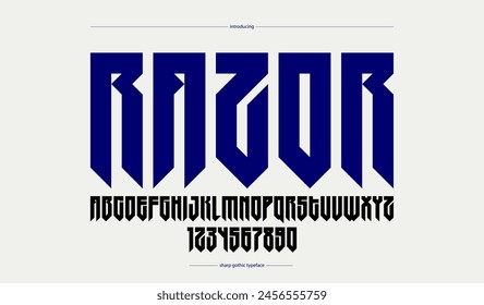 Sharp and bold tall gothic font for logo creation of for headlines, edgy geometric modern vector condensed typeface, heavy metal and hard rock style alphabet with numbers.