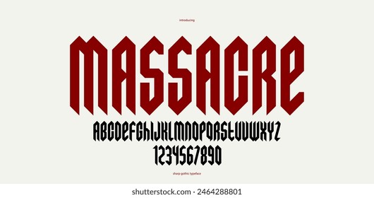 Sharp and bold tall gothic font for logo creation of for headlines, edgy geometric modern vector condensed typeface, heavy metal and hard rock style alphabet with numbers.