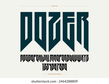 Sharp and bold tall gothic font for logo creation of for headlines, edgy geometric modern vector condensed typeface, heavy metal and hard rock style alphabet with numbers.