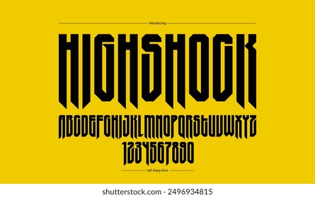 Sharp and bold tall gothic font for logo creation of for headlines, edgy geometric modern vector condensed typeface, heavy metal and hard rock style alphabet with numbers.