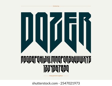 Fonte gótica alta e nítida para a criação de logotipo de para manchetes, moderno vetor geométrico moderno condensado tipo de face, heavy metal e hard rock estilo alfabeto com números.