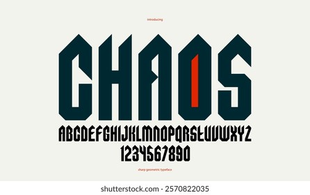 Sharp and bold tall gothic font for logo creation of for headlines, edgy geometric modern vector condensed typeface, heavy metal and hard rock style alphabet with numbers.