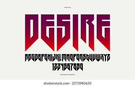 Sharp and bold tall gothic font for logo creation of for headlines, edgy geometric modern vector condensed typeface, heavy metal and hard rock style alphabet with numbers.