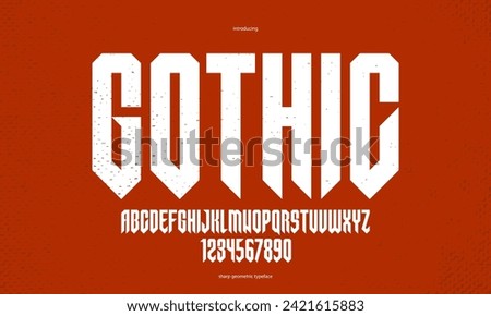 Sharp and bold tall gothic font for logo creation of for headlines, edgy geometric modern vector condensed typeface, heavy metal and hard rock style alphabet with numbers.