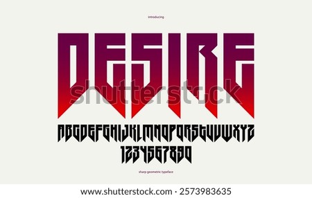 Sharp and bold tall gothic font for logo creation of for headlines, edgy geometric modern vector condensed typeface, heavy metal and hard rock style alphabet with numbers.