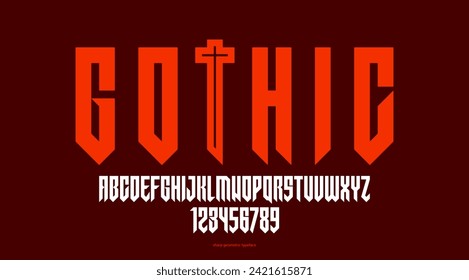 Sharp and bold vector display condensed font for logos, gothic or heavy metal style modern tall typeface, edgy hard rock letters and numbers alphabet for titles or slogans, heavy typography.