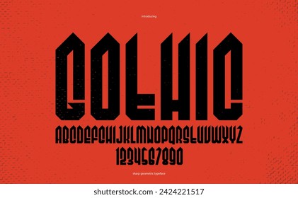 Sharp and bold vector display condensed font for logos, gothic or heavy metal style modern tall typeface, edgy hard rock letters and numbers alphabet for titles or slogans, heavy typography.