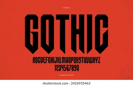 Sharp and bold vector display condensed font for logos, gothic or heavy metal style modern tall typeface, edgy hard rock letters and numbers alphabet for titles or slogans, heavy typography.