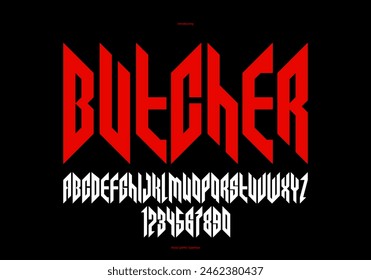 Sharp and bold vector display condensed font for logos, gothic or heavy metal style modern tall typeface, edgy hard rock letters and numbers alphabet for titles or slogans, heavy typography.