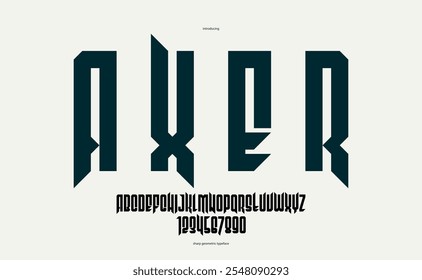 Vector agudo y audaz muestra fuentes condensadas para logotipos, estilo gótico o heavy metal, tipografía alta moderna, letras y números de rock duro para títulos o eslóganes, tipografía pesada.