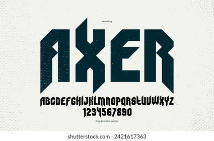 Sharp and bold vector display font for logo, gothic or heavy metal style modern typeface, edgy hard rock letters and numbers alphabet for titles or slogans, heavy typography.