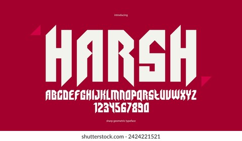 Sharp and bold vector display font for logo, gothic or heavy metal style modern typeface, edgy hard rock letters and numbers alphabet for titles or slogans, heavy typography.