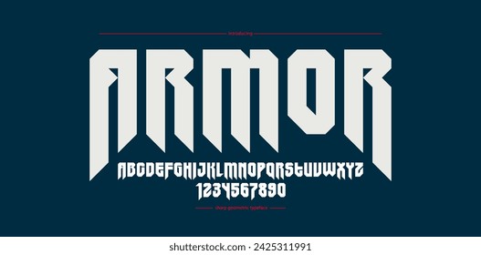 Sharp and bold vector display font for logo, gothic or heavy metal style modern typeface, edgy hard rock letters and numbers alphabet for titles or slogans, heavy typography.