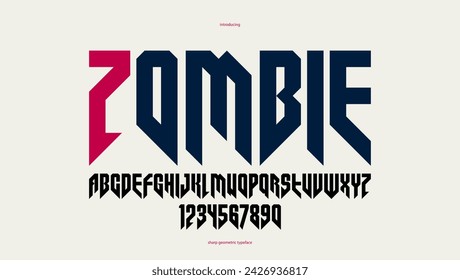 Sharp and bold vector display font for logo, gothic or heavy metal style modern typeface, edgy hard rock letters and numbers alphabet for titles or slogans, heavy typography.