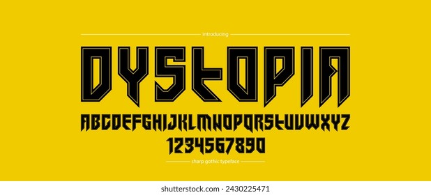 Sharp and bold vector display font for logo, gothic or heavy metal style modern typeface, edgy hard rock letters and numbers alphabet for titles or slogans, heavy typography.