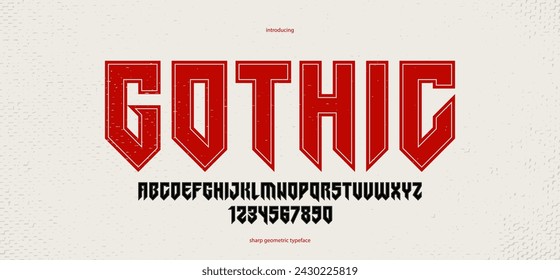 Sharp and bold vector display font for logo, gothic or heavy metal style modern typeface, edgy hard rock letters and numbers alphabet for titles or slogans, heavy typography.