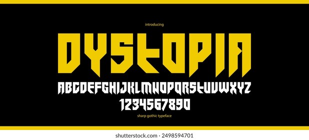 Sharp and bold vector display font for logo, gothic or heavy metal style modern typeface, edgy hard rock letters and numbers alphabet for titles or slogans, heavy typography.