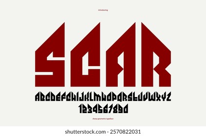 Sharp and bold vector display font for logo, gothic or heavy metal style modern typeface, edgy hard rock letters and numbers alphabet for titles or slogans, heavy typography.