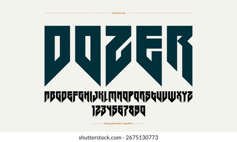 Fonte de exibição vetorial nítida e em negrito para logotipo, estilo gótico ou heavy metal com fonte moderna, letras de hard rock e alfabeto numérico para títulos ou slogans, tipografia pesada.