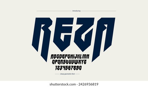 Sharp and bold vector display italic font for logo, gothic or heavy metal style modern typeface, edgy hard rock letters and numbers alphabet for titles or slogans, heavy typography.