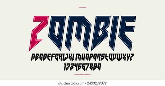 Sharp and bold vector display italic font for logo, gothic or heavy metal style modern typeface, edgy hard rock letters and numbers alphabet for titles or slogans, heavy typography.